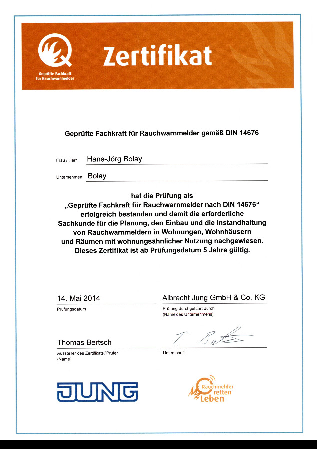 Vorschaubild von Dokument: Zertifikat Fachkraft für Rauchwarmmelder